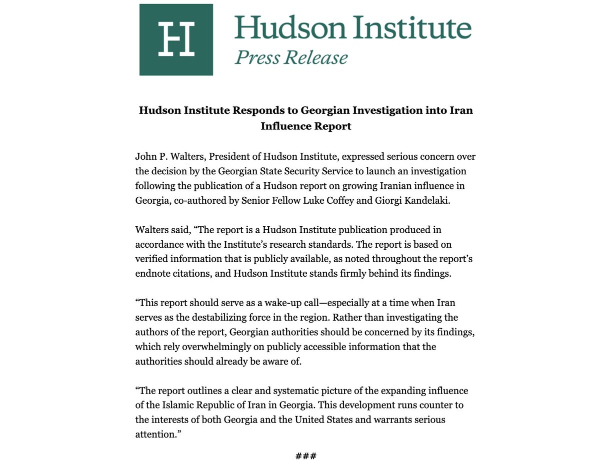 ralexdc's tweet photo. NEW!!!   Hudson Institute hits back at Georgian Dream's security probe into Iran influence report

President @john_walters_ defends findings as ‘verified’ and urges Tbilisi to focus on Tehran’s destabilising role rather than investigating researchers https://t.co/Sw7HinBs7D