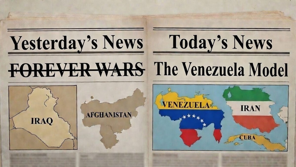 DavidBurkean's tweet photo. While the #ForeverWars of Afghanistan &amp; Iraq still haunt most folks, @DonaldTrump was never traumatized—because he rejected them early. Now the #VenezuelaModel is delivering: prisoners freed, oil flowing, flights resuming.
Read: https://t.co/Jj9DD6pgL3
#MAGA #vModel https://t.co/oA3W1DyDjg