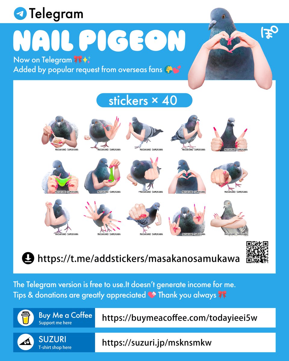 Everyone outside Japan, thanks for waiting! 🐦
NAIL Pigeon stickers are now on Telegram ✨
Completely FREE 🎀
See the thread for details 🌈
t.me/addstickers/ma…