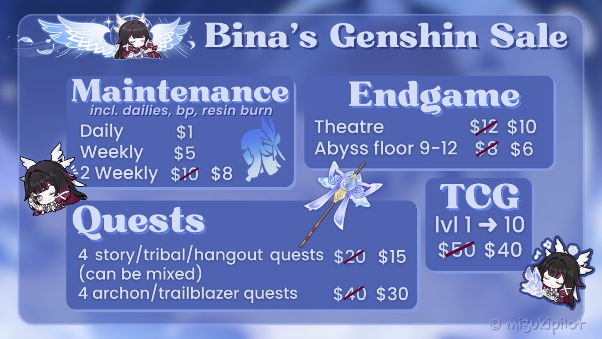 columbinapilot's tweet photo. BINAS BIRTHDAY SALE [rts appreciated]

need help to catch up your genshin acc? in need of wishes? 

My services are perfect for you! road to 2000 service proofs! 

reliable, high quality and fast services <3

dm to avail

temp by @mizukipilot 
21 slots bc i turned 21 <3 https://t.co/QU3aNwRAKz