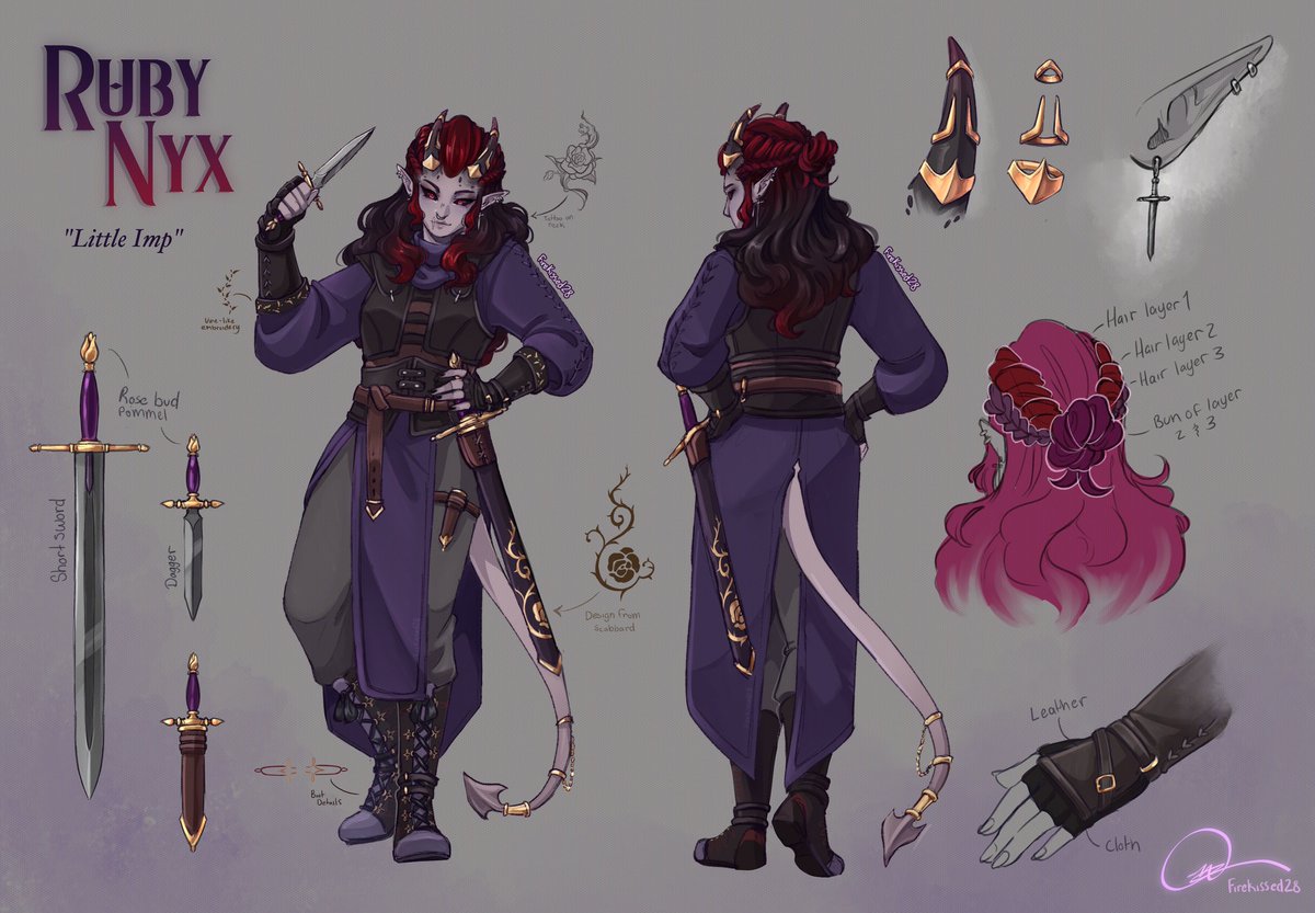 Firekissed28's tweet photo. I've been thinking about making a reference sheet for a while, so here is a sheet for my design of Ruby Nyx
I liked sneaking in rose details because of the neck tattoo from the original ref
#geminitayfanart #geminitay #rubynyx #giggsdnd #dndart https://t.co/PeUShVP0bG
