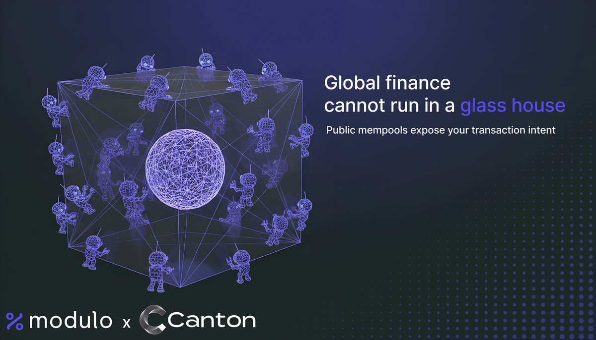 Broadcasting your trade intent to the entire internet is not a feature.

It is a vulnerability.

Global finance cannot run in a glass house.

Modulo leverages Canton’s sub-transaction privacy so intent stays between counterparties.

Stop leaking your alpha. 🤫