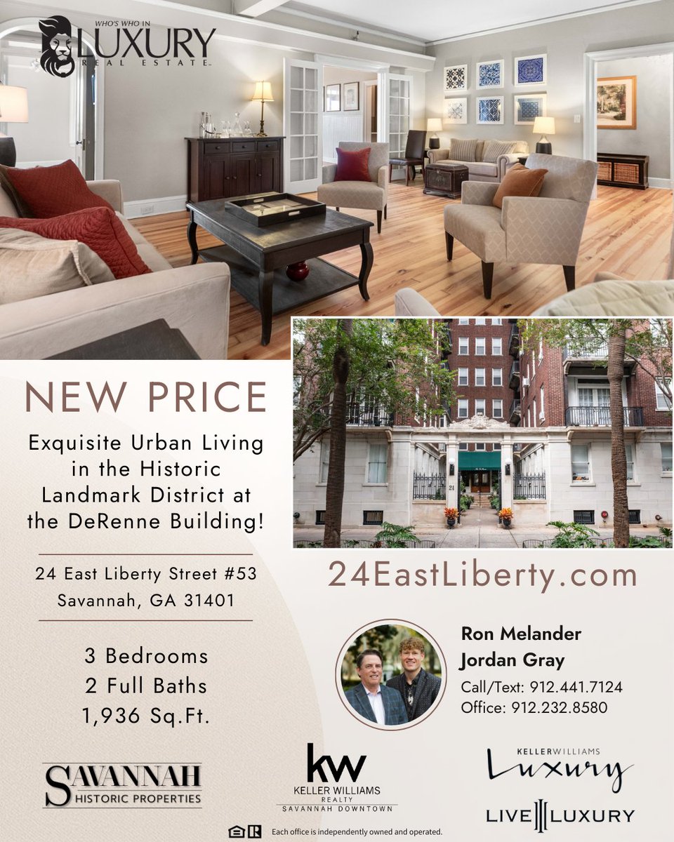 RonMelander's tweet photo. ✨NEW 30K PRICE REDUCTION!✨ Exquisite Urban Living in the Historic Landmark District at the DeRenne Building!

✨ 24 East Liberty Street #53, Savannah, GA 31401
✨ 3 beds
✨ 2 full baths
✨ 1,936 square feet

✨ Visit https://t.co/4w3014Wxf7 to see all the amazing details! https://t.co/W6ykzeV4nX