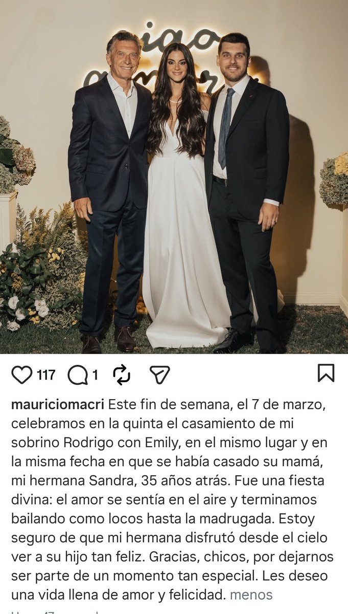 CHINARDILOVE's tweet image. #Macri le dedica a su sobrino y esposa, hijo de Sandra su hermana fallecida, un hermoso mensaje tras contraer matrimonio.
😍😍😍😍😍