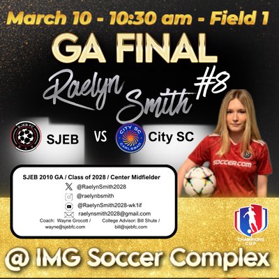 RaelynSmith2028's tweet photo. Big win with the @SJEBFC 2010s over an awesome Top Hat team at the @GAcademyLeague Champions Cup. On to the finals against City SC. Check out my highlights below https://t.co/utDmpP6Xmt