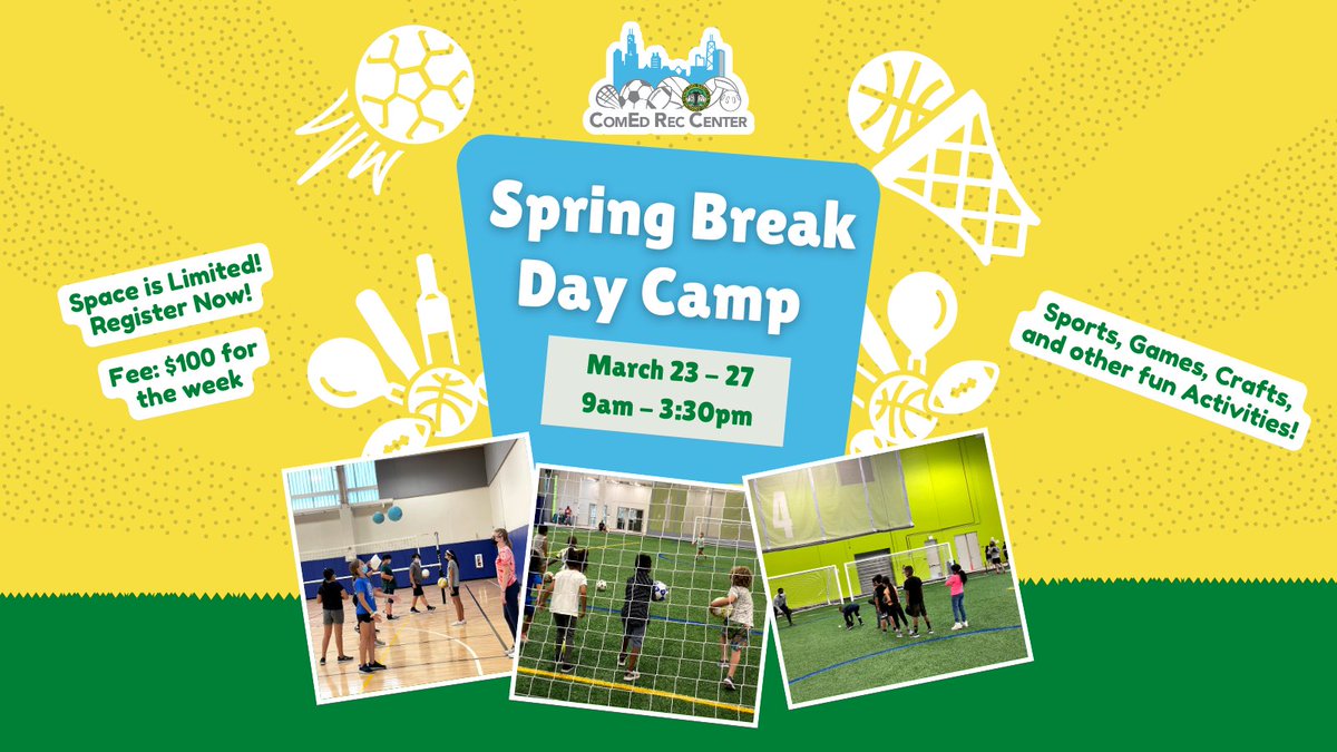 ComEdRecCenter's tweet photo. Don't miss the Spring Break Day Camp at ComEd Rec Center, March 23–27 ☀️ Your child will enjoy a dynamic week of sports, games, team activities, and arts &amp; crafts in a fun environment.

🔗: https://t.co/R2pjKguTWw https://t.co/rHsAwZYHQI