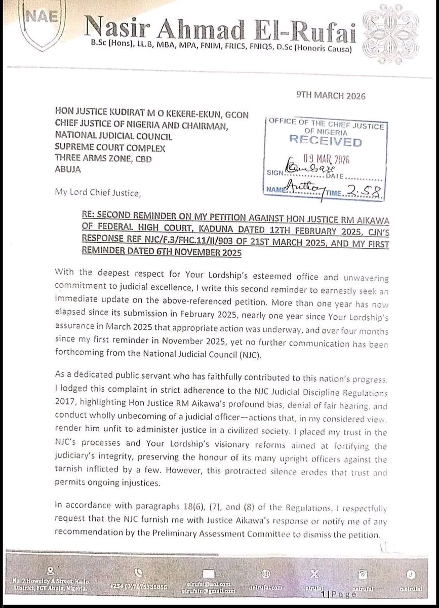 ADCVanguard_'s tweet photo. BREAKING: El-Rufai Seeks Responsibility from NJC

Even after over a year, the National Judicial Council has failed to act on the petition filed by Mallam Nasir El-Rufai against Justice R. M. Aikawa of the Federal High Court, Kaduna.

In his second reminder dated 9 March 2026, El-Rufai demanded that the NJC uphold judicial responsibility and provide an update on his complaint, which alleges bias, denial of fair hearing, and misconduct by Justice Aikawa.
This is a call for transparency and fairness. Leadership and integrity must be respected even in the judiciary.
