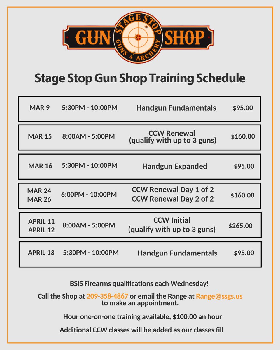 stagestopgun's tweet image. Handgun Fundamentals tonight and CCW Renewal this weekend! Payment is required upfront. Give us a call or stop by the shop to sign up.

#StageStopGunShop #CCWRenewal #CCWClass #HandgunTraining