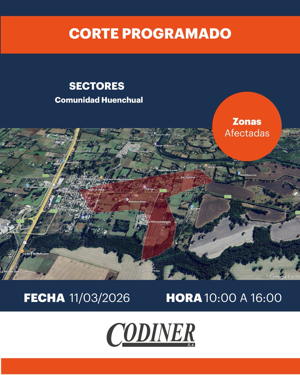 ⚡️ Atención Comunidad Huenchual (Freire)
Estimados vecinos y vecinas:
En CODINER queremos que tu servicio sea cada día más confiable. Por eso, este miércoles 11 de marzo realizaremos labores de mantenimiento preventivo y poda de árboles para proteger nuestras redes.