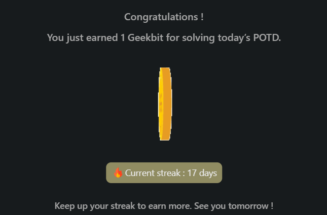 PawanRoy001's tweet photo. 60 Days POTD Challenge Powered By NPCI   
Day 17 POTD
@geeksforgeeks
@NPCI_NPCI
#geekstreak60 
#npci https://t.co/nAFZNyNckY