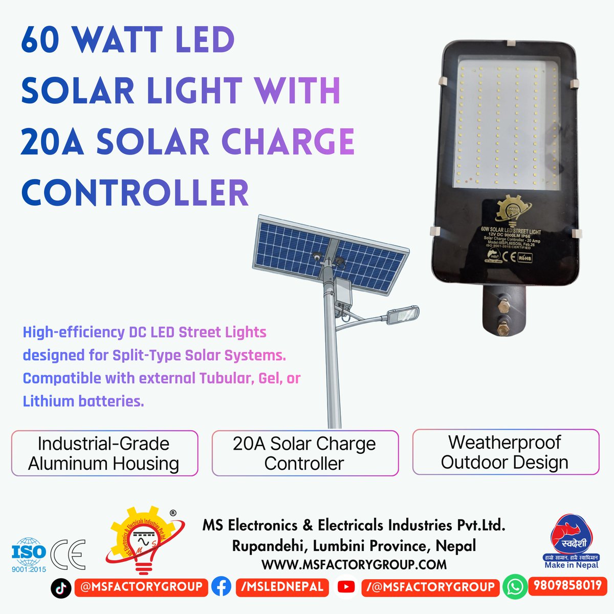 MSfactory19's tweet photo. 60-Watt LED Solar LIGHT WITH 20A Solar Charge Controller
Manufacturing SOLAR LED Street Light, AC/DC INVERTER LED Street light ,LED Street Light, Flood Light, High Mast Light, Solar Light &amp; LED Bulb in Nepal
Visit : https://t.co/mCSK66SM1V
#msfactorygroup #Nepal https://t.co/bi3zr92AQt