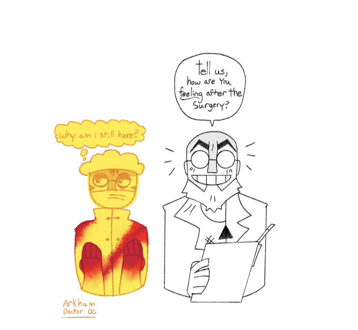 twocolorz's tweet photo. Kind doctors preform surgery on you by replacing your old organs with new ones when you fell asleep in Arkham ❤️

#batmanau #hugostrange #OC https://t.co/tiv0e4CJId