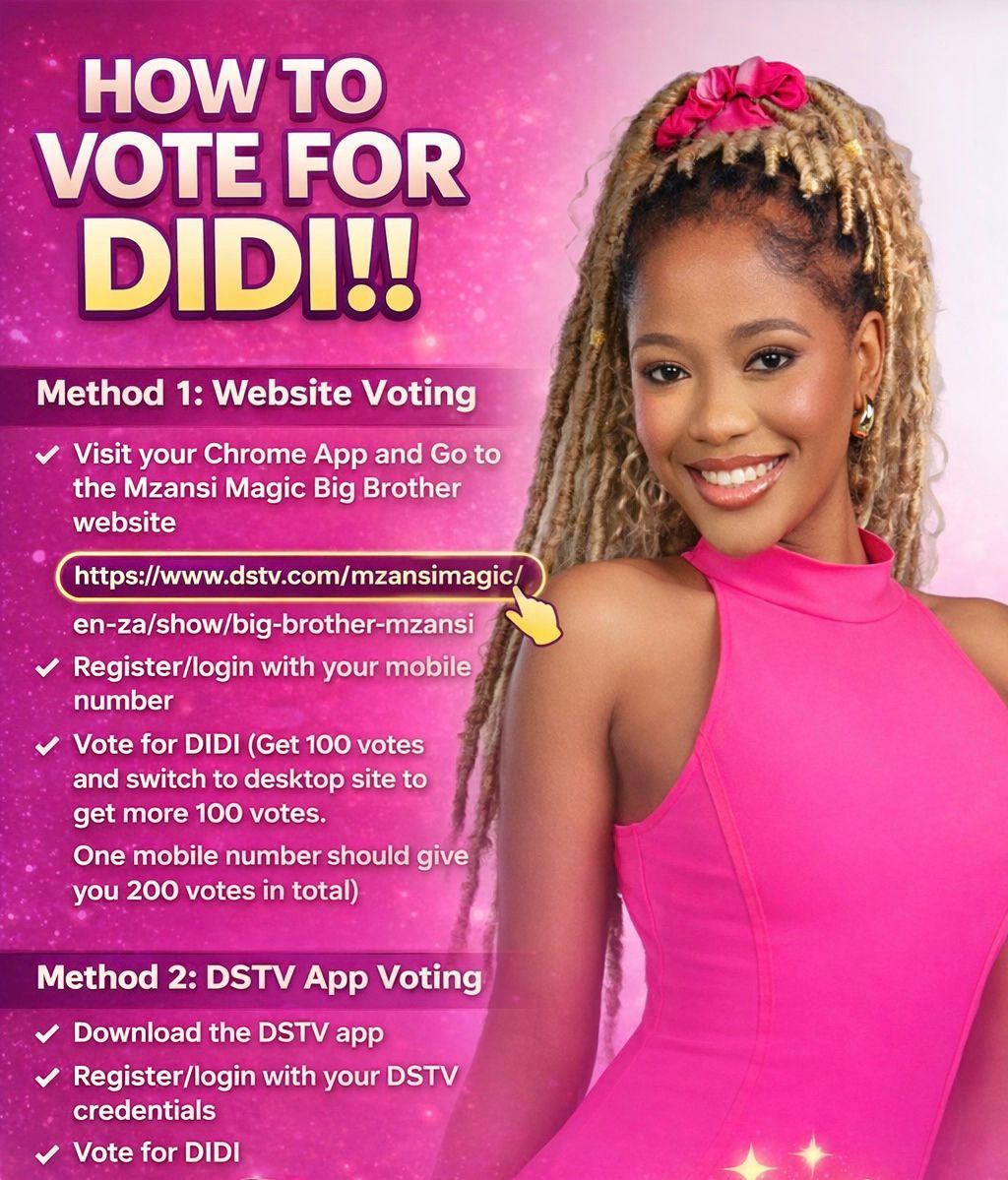 VOTE FOR DIDI!!!
Daisies 🌼 it’s time to push harder than ever. If we were able to lift Didi out of danger before, then we can absolutely take her into the Final Week. Let’s triple our efforts and vote with everything we have.

#BBMzansiS6 #BBMzansi #DidiMothobi