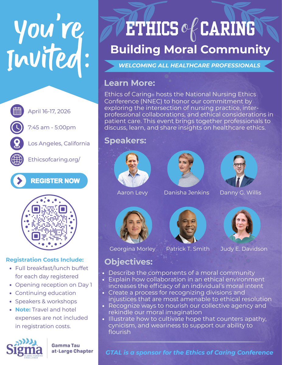 GTALofSigma's tweet photo. We are excited to share the upcoming Ethics of Caring Conference: Building Moral Community, taking place April 16–17, 2026, in Los Angeles, CA.  #GTALofSigma #GTALChapterofSigma #UCLA #CSUN #CSUCI #UCLAHealth #studentnurses https://t.co/BJRouPqyqF