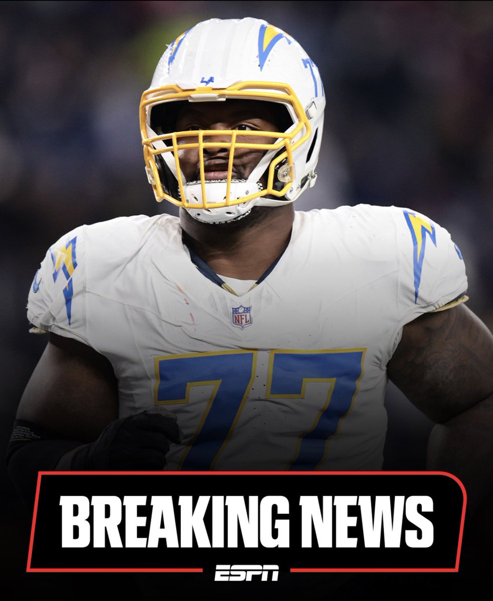 Former Chargers G Zion Johnson reached agreement today on a three-year, $49.5 million deal including $32.4 million guaranteed with the Cleveland Browns, per his agents Alan Herman and Jared Fox.
