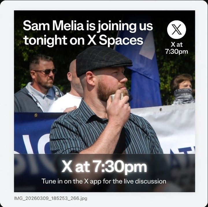 🚨 Tonight at 7:30pm political prisoner Sam Melia  joins us LIVE on X Spaces! 

Jailed for 2 years by the UK state for 'legal &amp; truthful' stickers exposing immigration truths. 

Fresh out &amp; unrestricted hear his story.

Don't miss it.