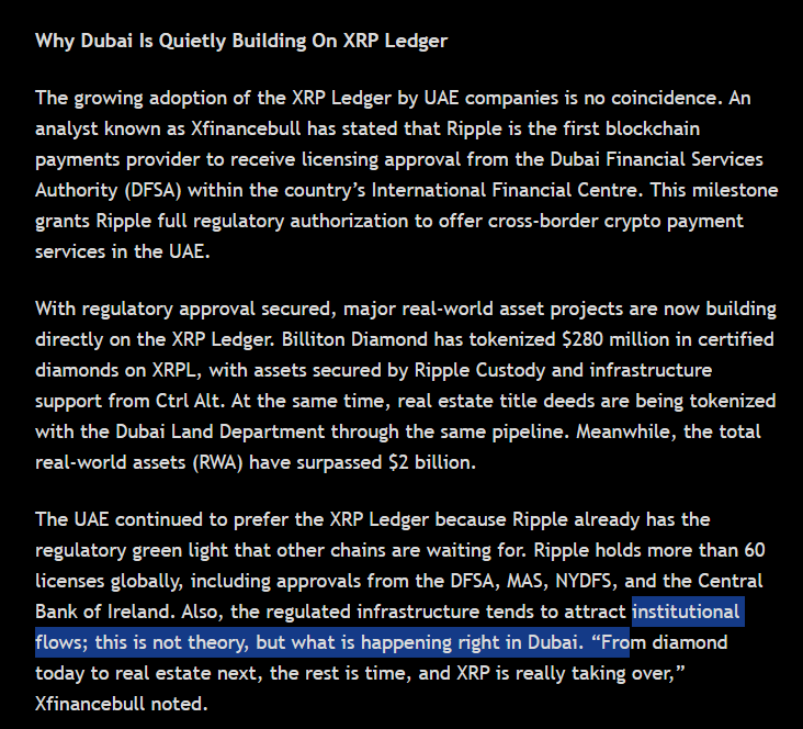 Ripple just got full regulatory approval in Dubai's financial center.

Real result: $280M in diamonds tokenized. Real estate title deeds next. Over $2B in real-world assets now on XRPL infrastructure. 

This isn't a pilot program. It's live, regulated settlement infrastructure.