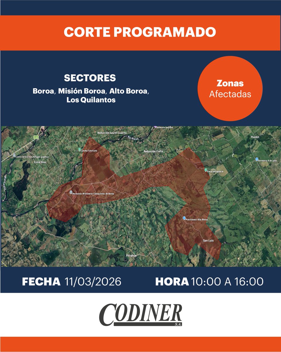 Vecinos y vecinas de los sectores rurales de Boroa, Misión Boroa, Alto Boroa, Los Quilantos.
El miércoles 11 de marzo llevaremos a cabo labores preventivas de mantenimiento y poda de árboles cercanos a nuestras líneas de media tensión.