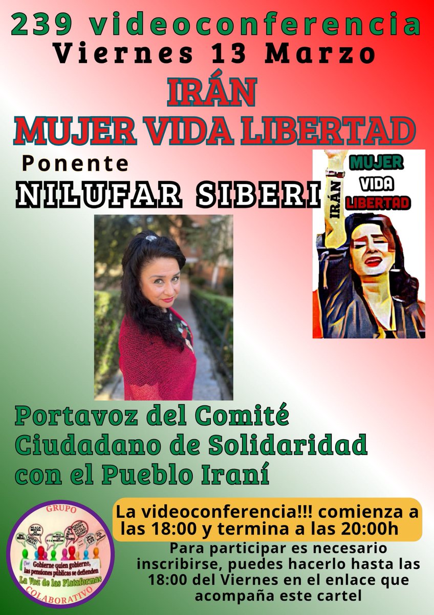 #Irán
#MujerVidaLibertad
*IRÁN MUJER VIDA LIBERTAD*
Inscríbase en el enlace👇🏻👇🏻👇🏻👇🏻
us02web.zoom.us/meeting/regist…
Recibirá E-mail para unirse
<a href="/pensionazo_no/">G. C. LA VOZ de LAS PLATAFORMAS</a>
<a href="/PorLaUnidadPens/">@PorLaUnidadSocial</a>
<a href="/LaVozenIgualdad/">La Voz de las Plataformas por la igualdad.</a>