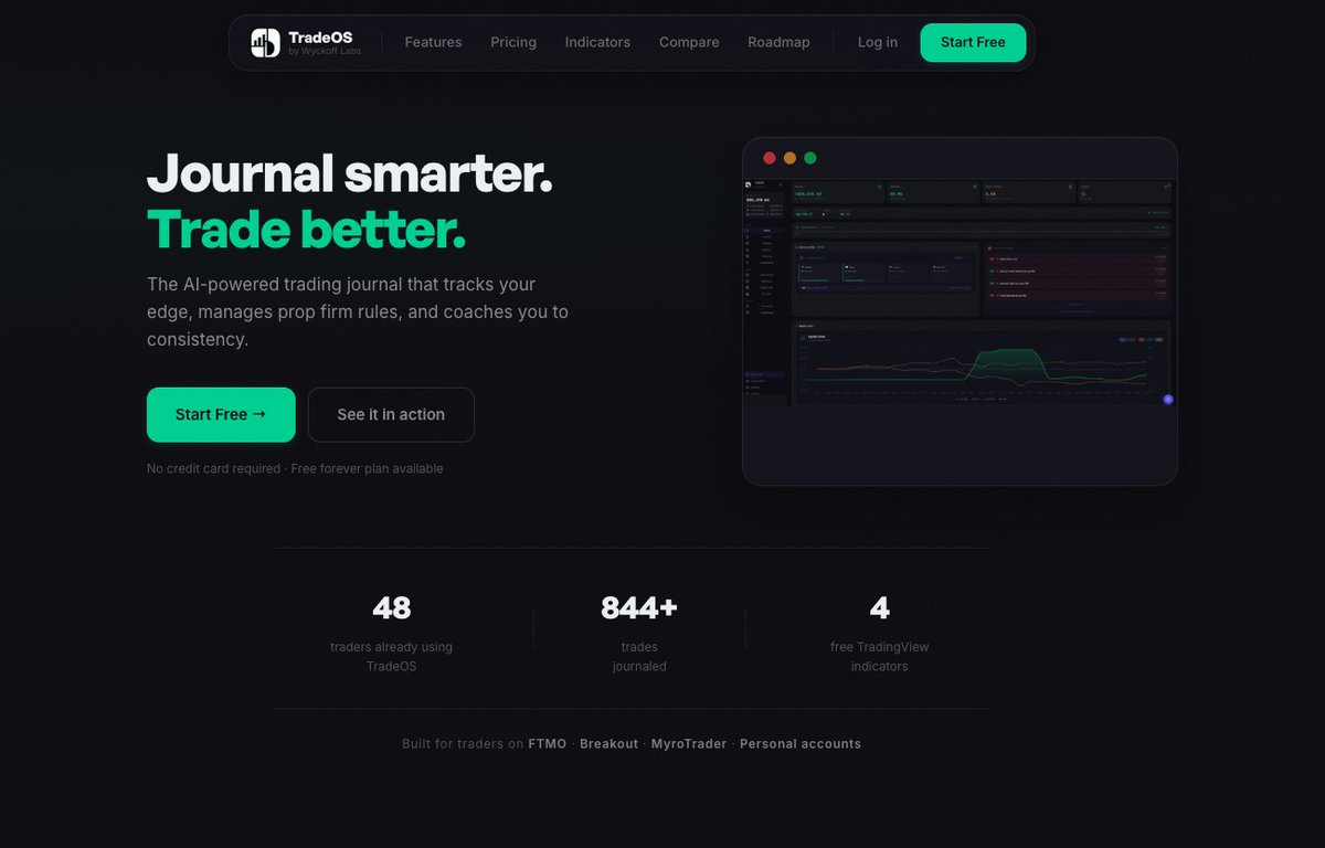 wyckoff_sniper's tweet photo. Prop firm traders: you're tracking drawdowns in spreadsheets and paying $50/mo for a journal that doesn't understand your rules.

I built TradeOS to fix that.

• AI trade reviews (Claude-powered)
• Auto drawdown monitoring
• Challenge phase tracking
• Profit split calculations
• Free plan, $14.95/mo Pro

https://t.co/apaVIaegMF