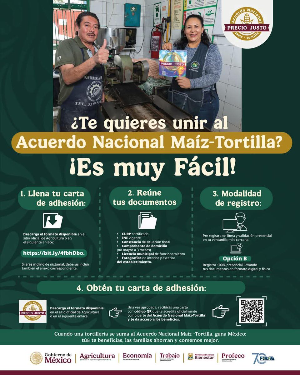 Tienes tortilleria, SUMATE al Acuerdo Nacional MAIZ-TORTILLA y obten grandes beneficios.

Es muy faci😀l, acude al CADER ó DDR más cercano de la Secretaria de Agricultura y Desarrollo Rural del <a href="/GobiernoMX/">Gobierno de México</a> en Durango.

<a href="/Claudiashein/">Claudia Sheinbaum Pardo</a> <a href="/Agricultura_mex/">Secretaría de Agricultura y Desarrollo Rural</a> <a href="/JulioBerdegue/">Julio Berdegué</a> <a href="/ismaelayala7/">Ismael Ayala Salazar</a>