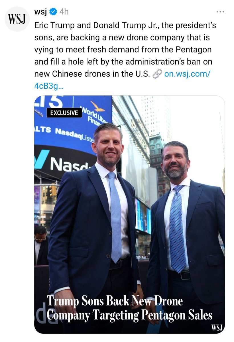 Their dad just engaged Iran in a drone war. Before it began, they started investing heavily in a drone company that aims to do *huge* business with DoD. How do people not see that this family is betraying our country, soldiers, and economy? War profiteering right before our eyes?