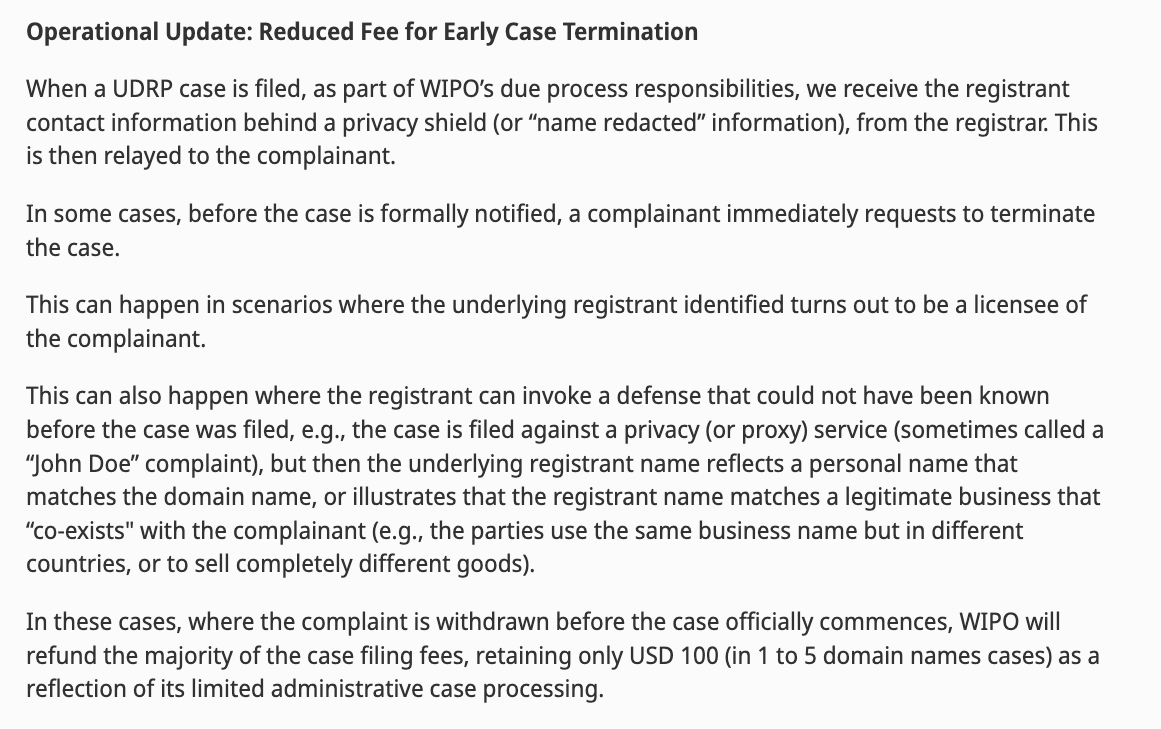 Berryhillj's tweet photo. This is huge news for domain brokers and anyone else trying to track down a domain registrant.  WIPO has introduced the $100 WHOIS service.  File a pro forma UDRP complaint, get the registrar data, and withdraw the complaint for $100 net:  https://t.co/Go5b7aCjth https://t.co/2g8nHR2Lvr