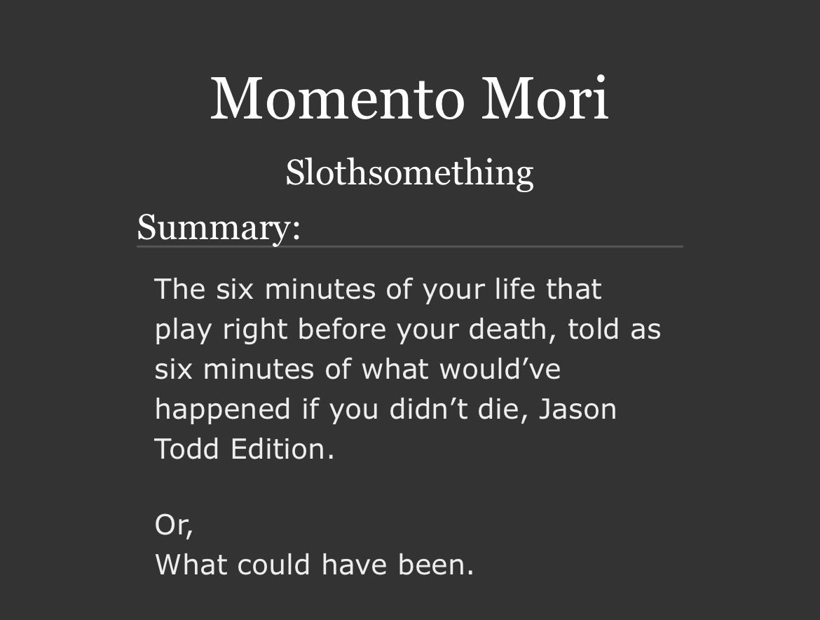 SlothSomething's tweet photo. New fic out!!

-1.6k words
-So much angst
-Glimpse of life
-Jason Todd goes through it

https://t.co/fM7DBH3wlO https://t.co/pE3r4k2Dte