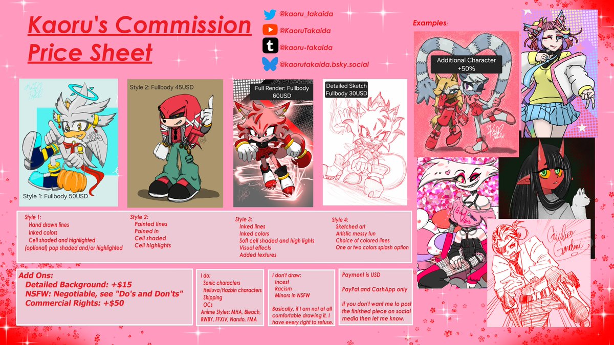 kaoru_takaida's tweet image. New Commission sheet made! Commissions are available! My DMs are open and I hope I get some takers. #OpenCommissions #CommissionsOpen #TakingCommissions #DigitalArt #EmergencyCommissions #OC #OCCommissions #soniccommission #HazbinCommissions #HelluvaCommissions