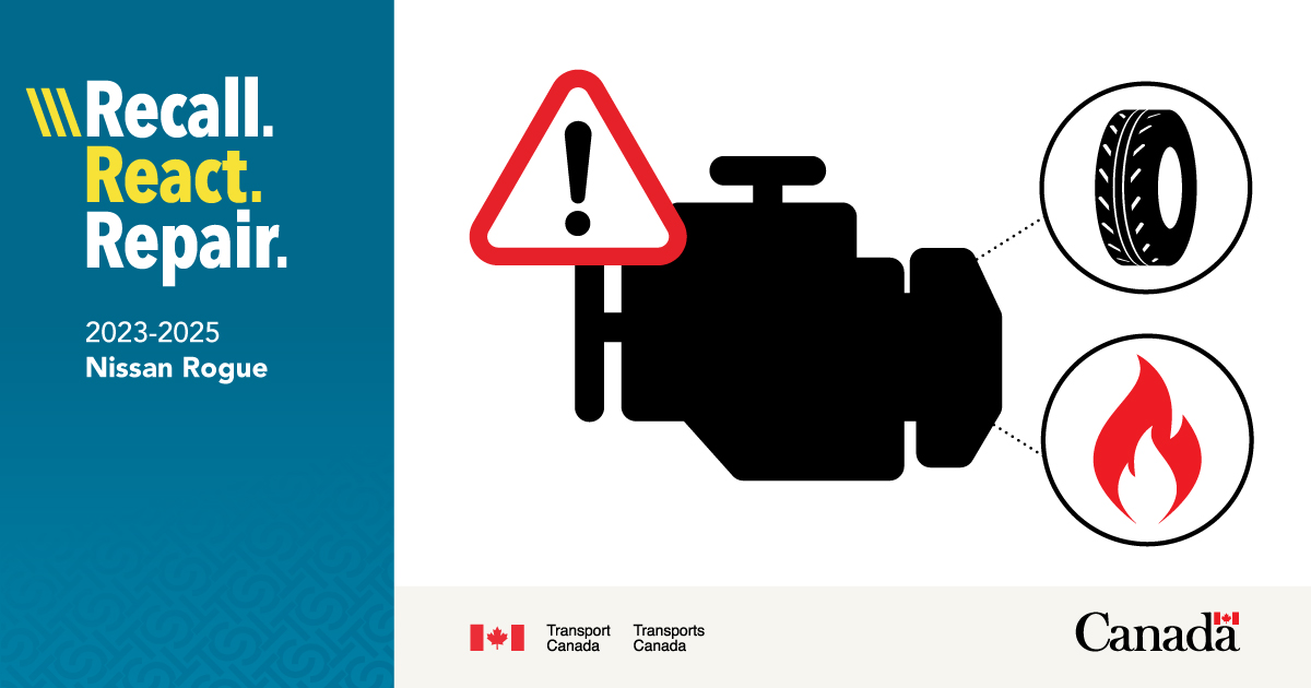 Transport_gc's tweet image. #Recall: Do you drive a 2023-2025 Nissan Rogue?  
The engine may not have been manufactured properly. If not fixed, the engine could make unusual noises, warning lights may appear, and it may fail. The risk of a crash or injury may increase.