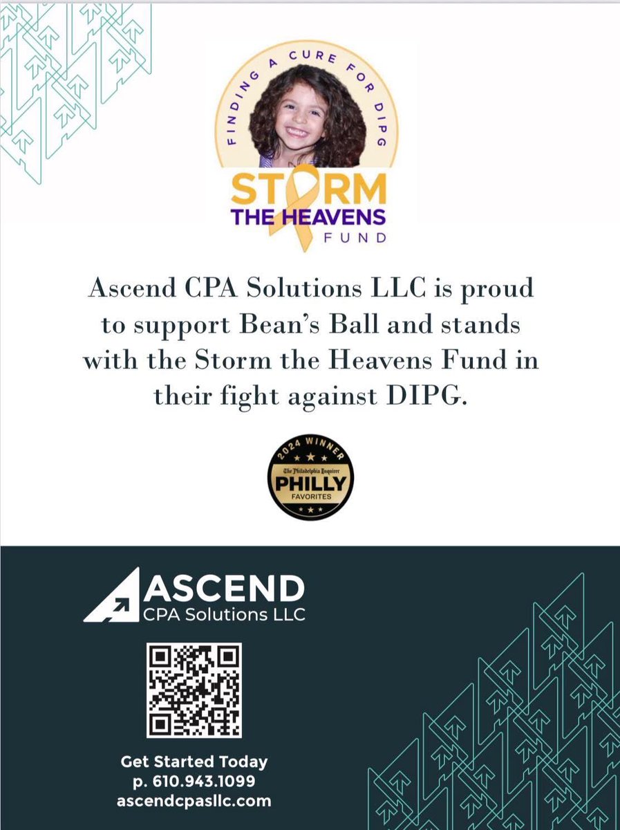 Stormtheheavenz's tweet photo. Thank you, Ascend CPA Solutions LLC for supporting our fight against DIPG by purchasing an ad in the Bean’s Ball 2026 event book.   

There is no cause greater than the fight for our children’s right to grow up to be adults. 

#StormTheHeavens #PrayLikePhil #CrushDIPG #WeMustDoBetter #EveryoneVsChildhoodCancer
#BeansBall2026