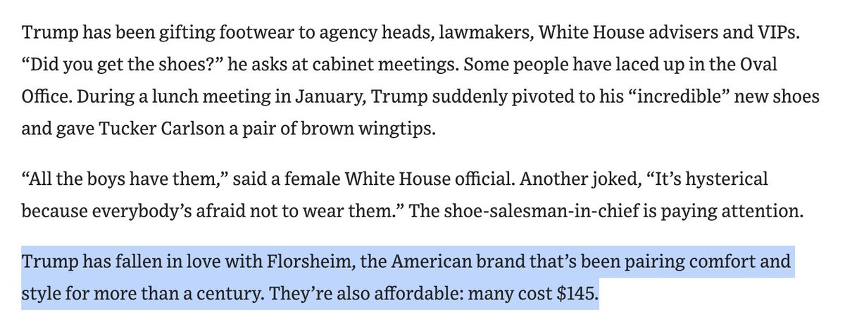 esaagar's tweet image. Least of our worries but apparently Trump is a Florsheim guy and has been handing them out to everyone

Personally I think we need to revert to tradition of Allen Edmonds Park Avenues or take it a step up to Aldens