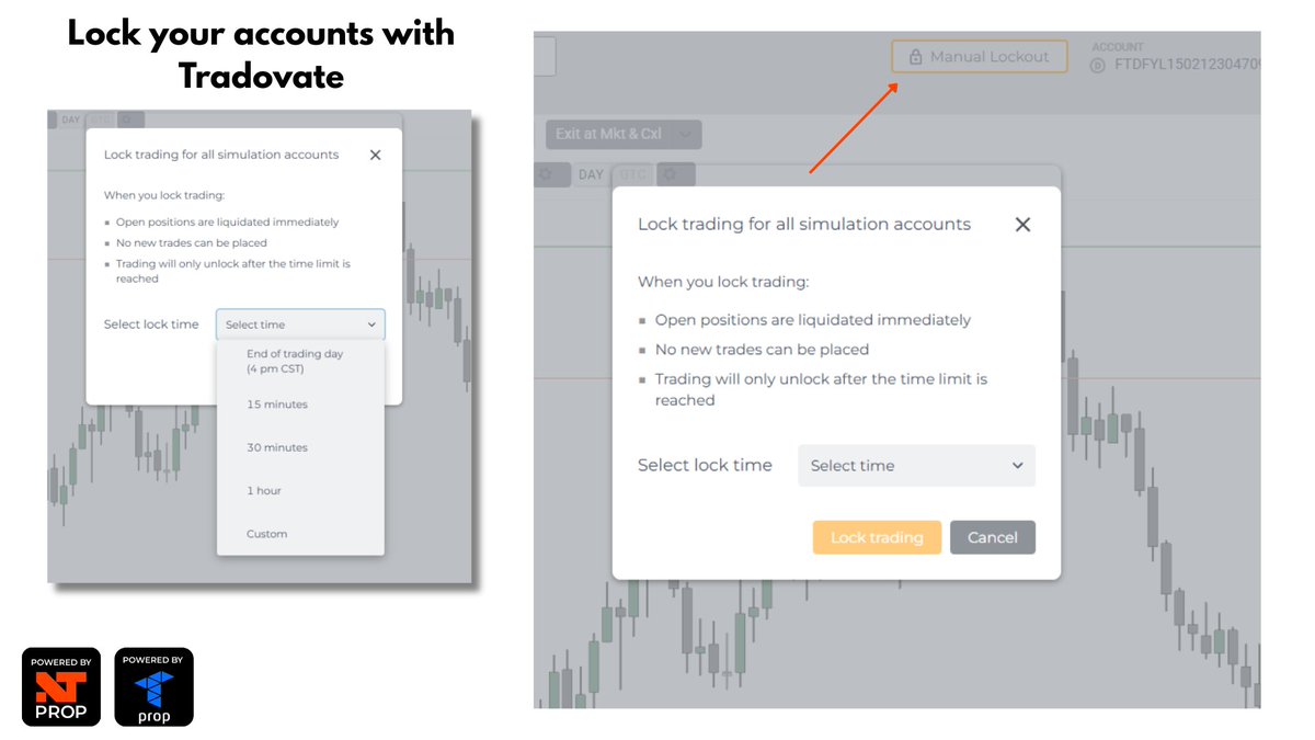 LumiTraders's tweet photo. Tradovate just added a new feature - Account Lockout!🔒 @TradovateProp 

No more overtrading. Once you hit your daily profit target or daily loss limit, simply enable the lockout and step away from the charts.

Protect your gains, protect your discipline, and enjoy the rest of your day.

NinjaTrader Prop @NinjaTraderProp  also offers a similar lockout feature on their mobile app.