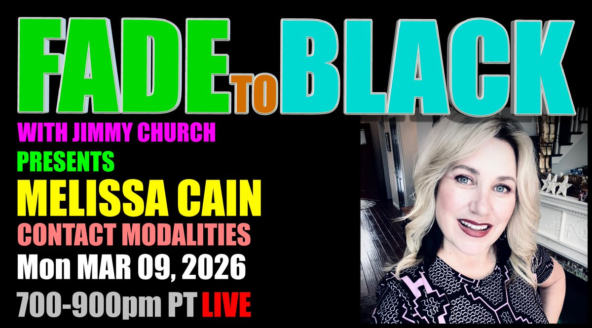 JChurchRadio's tweet photo. This Week on FADE to BLACK:

Mon: Melissa Cain
 Contact Modalities
Tue: Off-Air
 TV Production
Wed: Off-Air
 TV Production
Thu: Off-Air
 TV Production

#f2b #media #ufo #breakingufo
#disclosure #conspiracy #radio https://t.co/xvwoyThKDB