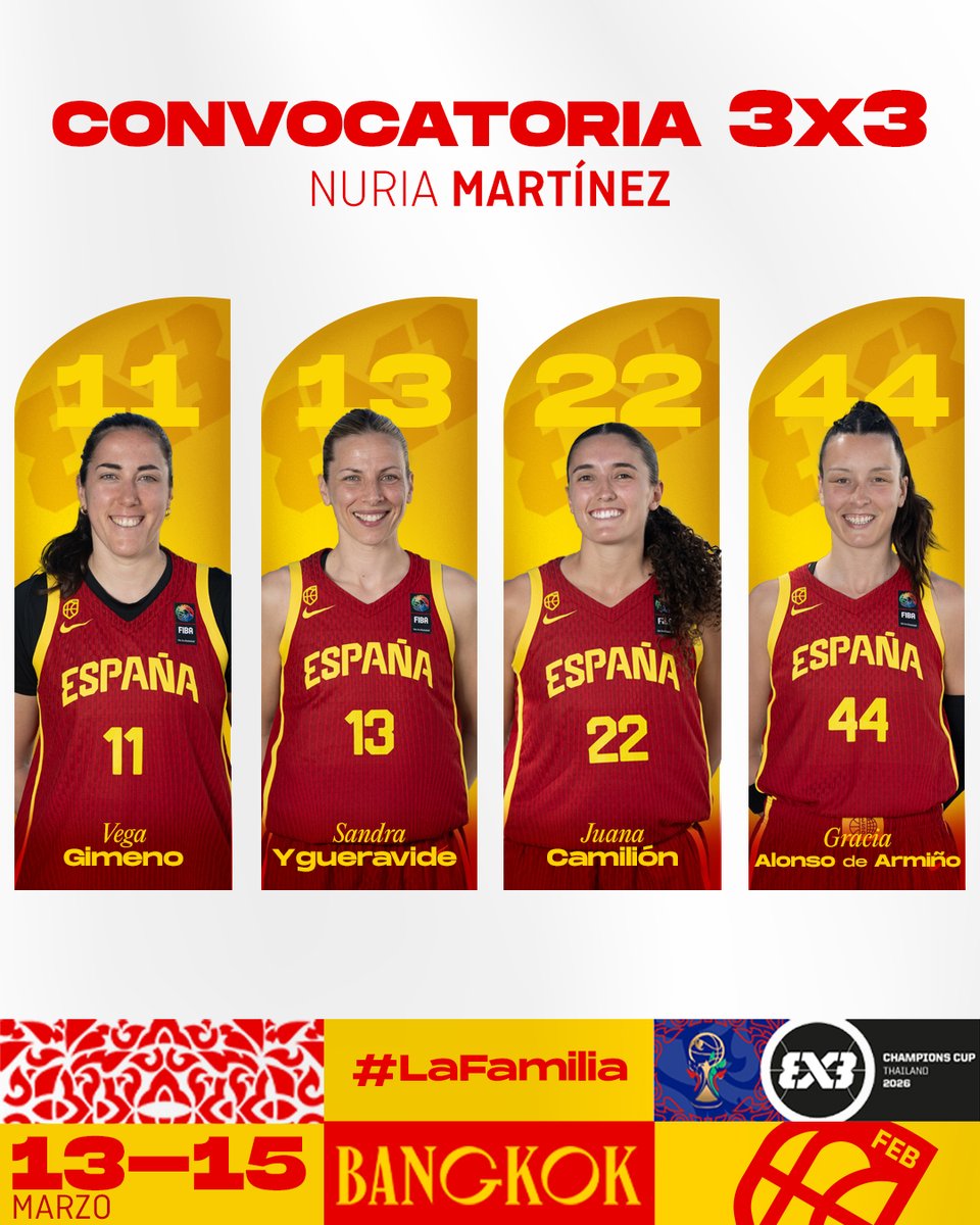 🚨 OFICIAL | Las 4⃣ de la #3x3ChampionsCup <a href="/FIBA3x3/">3x3 Basketball | FIBA3x3</a>  de Bangkok 🇹🇭

1⃣1⃣ <a href="/vegagimeno/">Vega Gimeno</a> 
1⃣3⃣ <a href="/sygueravide13/">Sandra Ygueravide</a> 
2⃣2⃣ <a href="/juanacamilion/">Juana Camilion</a> 
4⃣4⃣ Gracia Alonso de Armiño

#LaFamilia #SomosEquipo