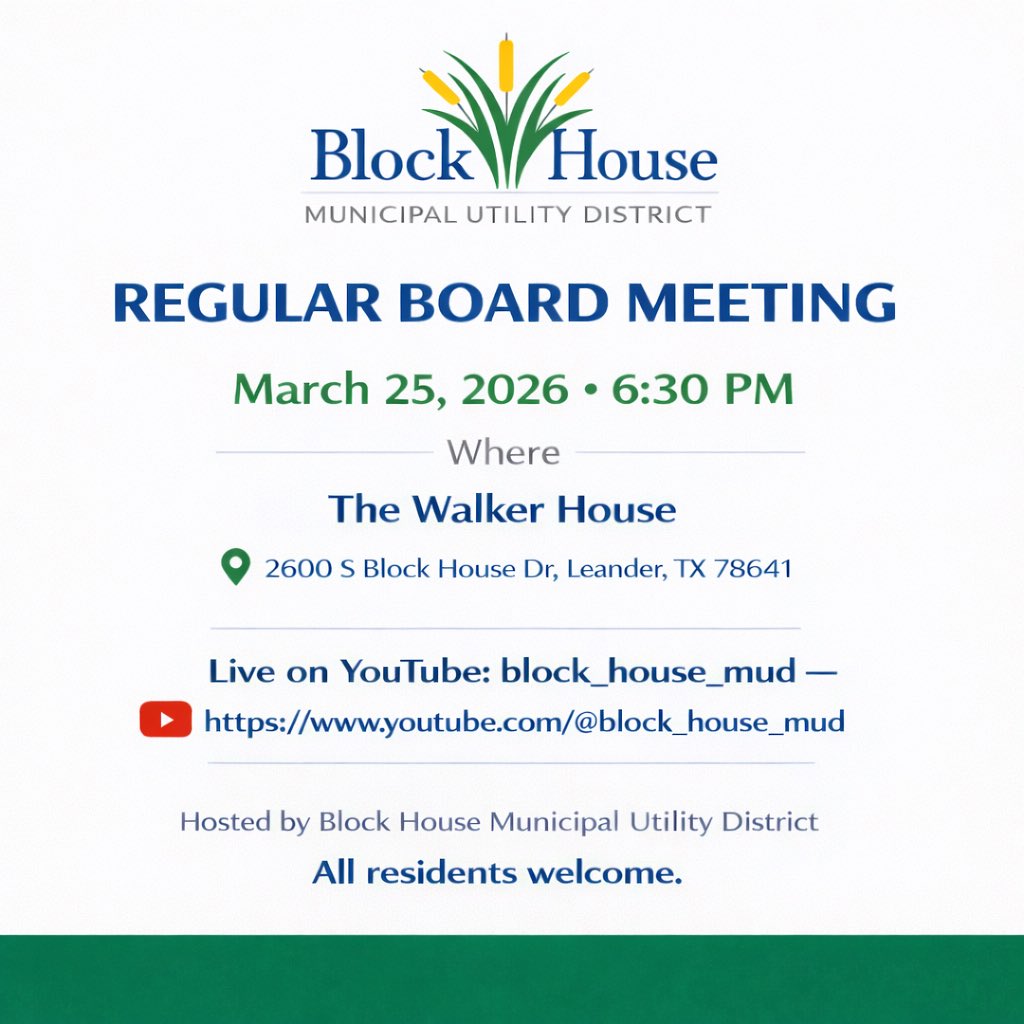 BlockHouseMUD's tweet photo. 📢 Block House MUD Regular Board Meeting
Residents are invited to attend the upcoming board meeting:
🗓 March 25, 2026 ⏰ 6:30 PM 📍 The Walker House 2600 S Block House Dr, Leander, TX 78641
Can’t attend in person? Watch the meeting live on YouTube: ▶ block_house_mud https://t.co/D7Vn3k0zaZ