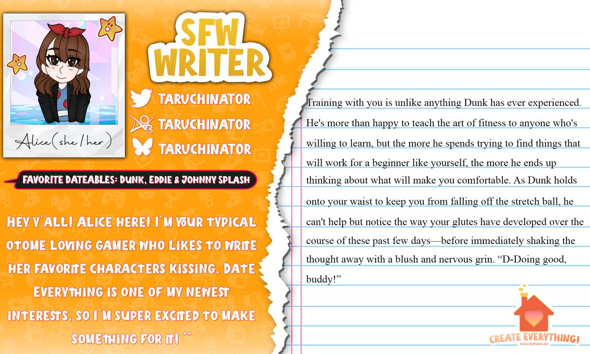 createfanzine's tweet photo. ✨CONTRIBUTOR SPOTLIGHT✨

For our final contributor spotlight, give a second hello to @taruchinator! Alice, on top of being our writing moderator, will be contributing a fun read to the zine that we hope you enjoy!

#dateeverything #fanzine https://t.co/PA20g0JcDN