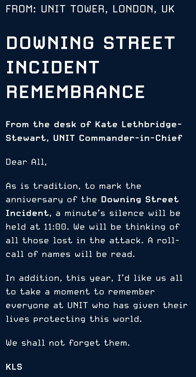 bets4joham's tweet photo. Update from Kate on the UNIT site today commemorating those who lost their lives at Downing Street in 2006, as well all who have given their lives in service of UNIT.
#DoctorWho #UNIT https://t.co/UXMyHCzkTE