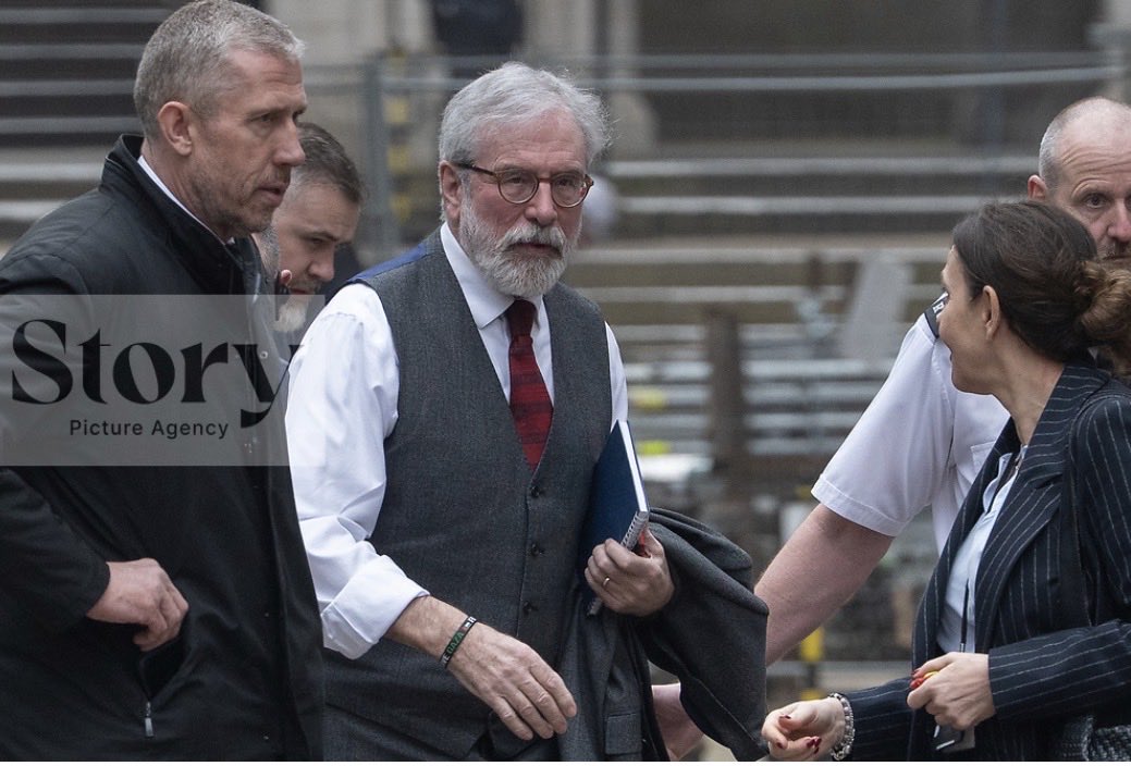ThomasKrych's tweet photo. Gerry Adams, former president of Sinn Fein and a key figure in Northern Ireland’s republican movement, arrives at the Royal Courts of Justice in London for the start of a civil trial brought by victims of IRA bombings. Adams denies ever being a member of the IRA. https://t.co/dsTyIc4DPb