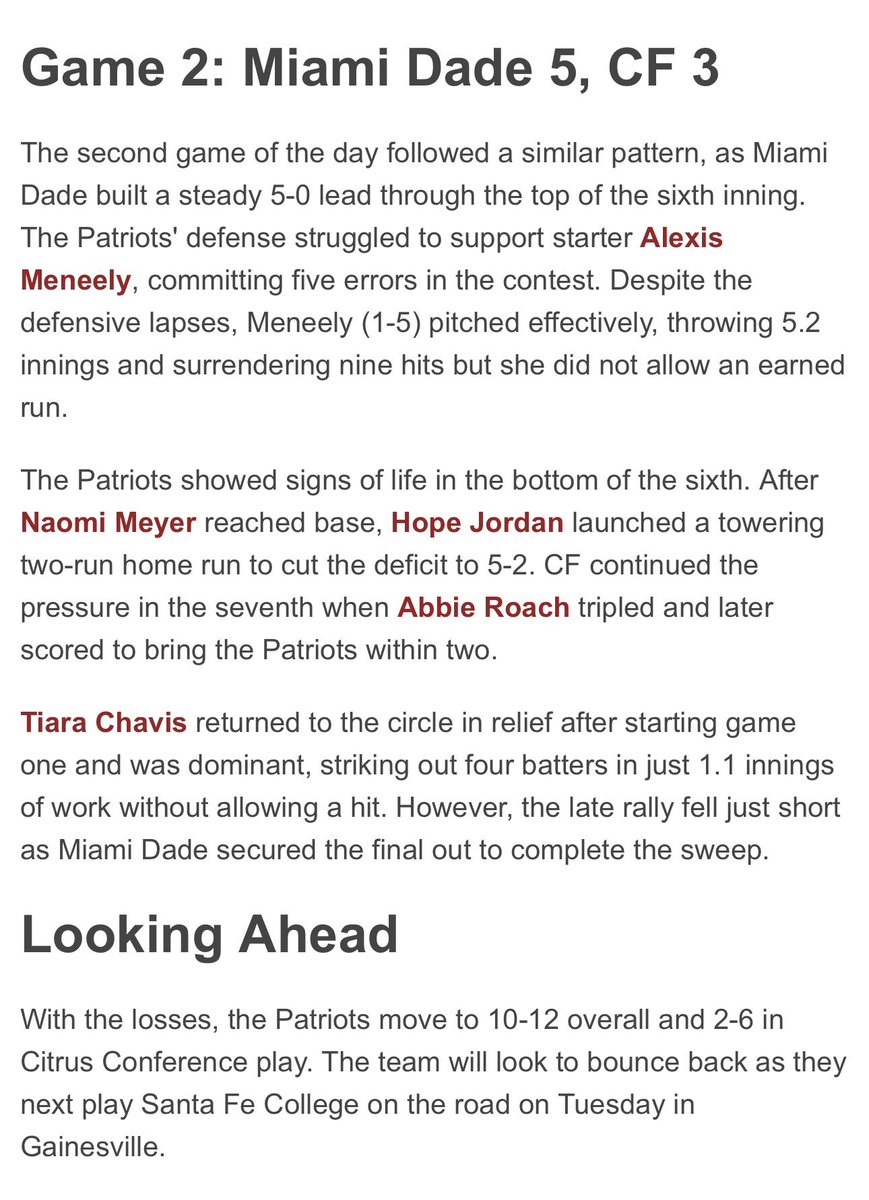 Hopej166's tweet photo. Games vs Miami Dade. Not our best run but we can only go up from here. ☝️
Always looking forward and hungry for more wins. 

2 for 5 at the plate 
1 home run 
1 walk 
2 RBI 

Built on effort, powered by mindset. 🧠💪
#rollpats @coachrwalker11 @cfpatssb https://t.co/NADtoGww31