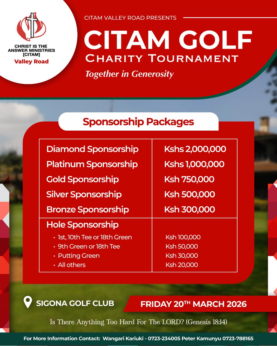 CitamVrdKE's tweet photo. Partner with CITAM as a sponsor for the Charity Golf Day on 20th March at Sigona Golf Club and help 24 assemblies build permanent sanctuaries.

Various Sponsorship packages are available. Register through the link here: https://t.co/UiMo5qqJlg
 
#IsAnythingTooHardForTheLord https://t.co/OzgtP1LND2