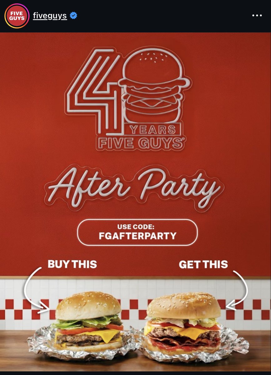 Five Guys BOGO code FGAFTERPARTY in app only. 3/9-3/12. Lets eat! 🍔