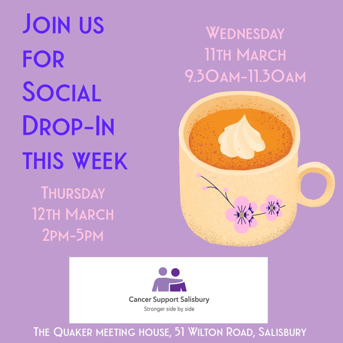 CancerSalisbury's tweet photo. Open to anyone affected by cancer including their loved ones, families and carers. Pop in to social drop-in this week. The kettles always on and a warm welcome awaits you 💜 https://t.co/HPseRww8lQ