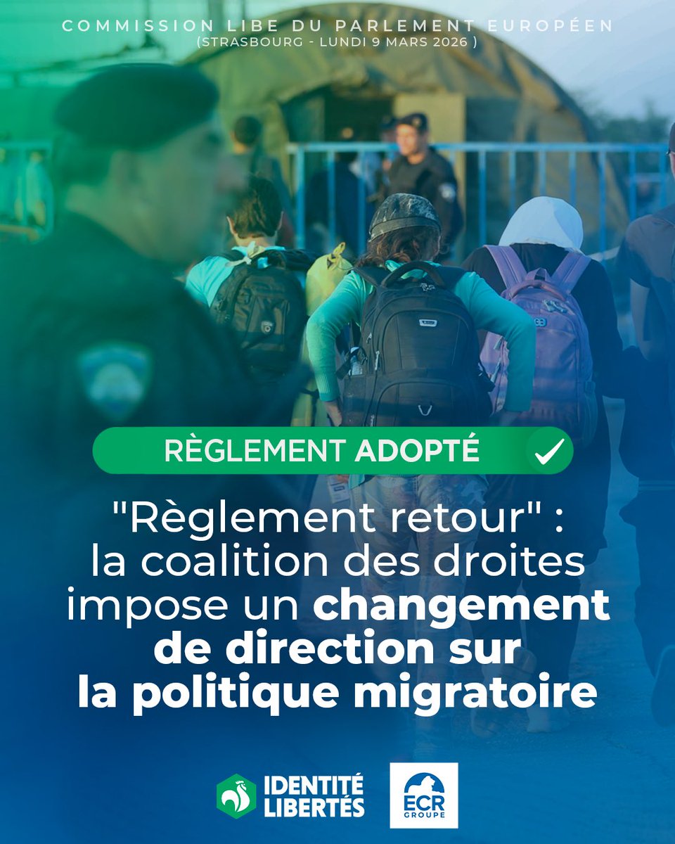 MarionMarechal's tweet photo. L’UE reprend enfin sa politique migratoire en main.

Le mois dernier, nous votions le durcissement de la politique d’asile de l’Union. 
Aujourd’hui, le Parlement européen vient de voter en commission des libertés civiles sa position sur le règlement retour, qui facilitera considérablement la détention et l’expulsion des clandestins ou des déboutés de l’asile. 

Une nouvelle fois, la coalition des droites, dont notre @ecrgroup est la force pivot, et qui inclut également le PPE, les Patriotes et les Souverainistes, s'est imposée face à la gauche. 

Ensemble, nous avons ainsi obtenu de nombreuses avancées :

👉 possibilité de centres d’expulsion dans les pays tiers ;
👉 détention des clandestins permise pendant 24 mois et plus si les circonstances le justifient ;
👉 interdiction d’entrée sur le sol européen sans limite de temps ;
👉 possibilité de fouiller et saisir les biens (papiers d’identité, téléphone...) du clandestin sans son accord afin d’identifier son pays d’origine ;
👉 l’appel d’une décision d’expulsion ne suspend plus l’organisation de l’expulsion.

Ce n’est pas parfait, mais ce sont des progrès considérables qui tranchent avec le laxisme ayant prévalu jusque-là. C’était, encore une fois, une demande de notre alliée Giorgia Meloni, qui se bat à Rome et à Bruxelles pour protéger nos frontières et nos peuples. 

Le texte sera prochainement mis aux voix en séance plénière avant d’être négocié avec le Conseil. Félicitations à notre négociateur @weimers, avec lequel nous avons travaillé dès le début pour obtenir ces victoires. Et merci à @fxbellamy qui a su convaincre son groupe de travailler une nouvelle fois avec la droite.

Grâce à ECR, grâce à la coalition des droites, nous forçons enfin l’UE à changer de direction. Nous continuerons à nous battre pour réparer les dégâts causés par des décennies de soumission à la gauche, pour rendre la France et à l’Europe plus sûres, plus prospères et plus fortes.