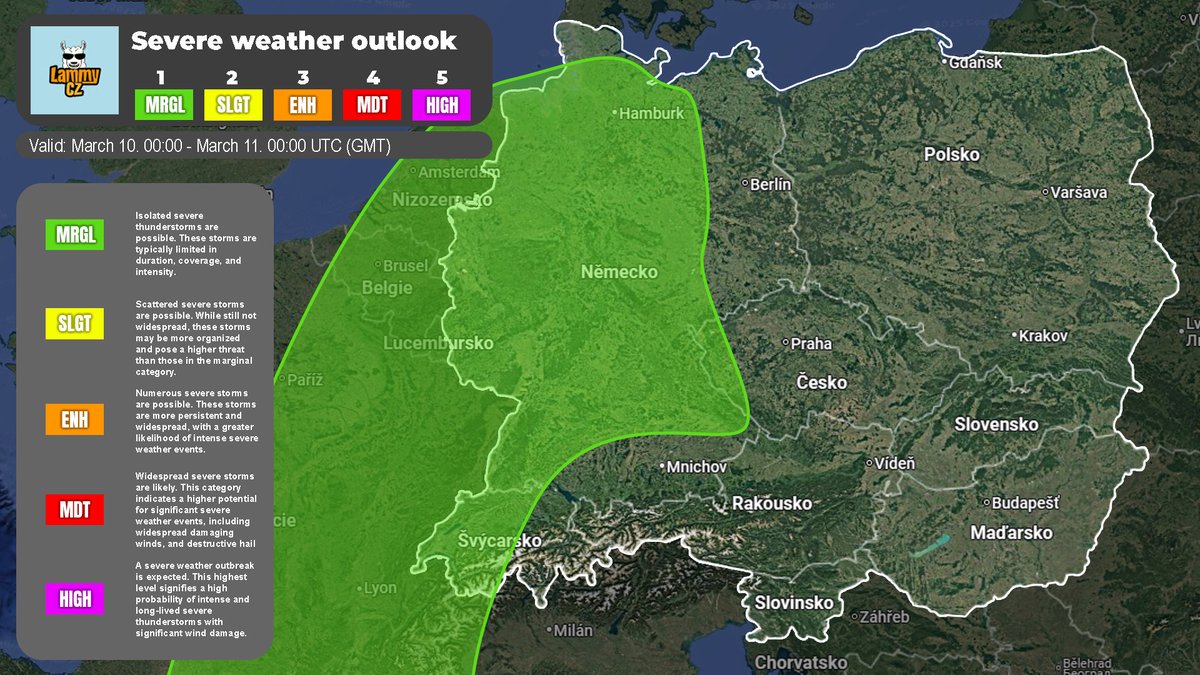 LammyCZ's tweet photo. ⚡Severe #weather #outlook for #Europe
📅Valid: March 10. 2025
👨‍🦰Issued by: Lammy
🗒️Description: #Storms possible in Germany and parts of Czechia, but #severe #thunderstorms are unlikely. 
📜Read more at: https://t.co/Wy1WbXE9No
 #weather #EUwx #weatherwx #storm https://t.co/rJEF0v6aVC
