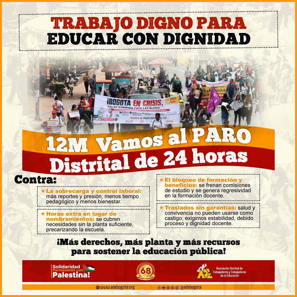 adebogota's tweet photo. ✊🏽 𝐓𝐑𝐀𝐁𝐀𝐉𝐎 𝐃𝐈𝐆𝐍𝐎 𝐏𝐀𝐑𝐀 𝐄𝐃𝐔𝐂𝐀𝐑 𝐂𝐎𝐍 𝐃𝐈𝐆𝐍𝐈𝐃𝐀𝐃

Este 12M vamos al Paro Distrital de 24 horas.
Contra la sobrecarga y el control laboral, las horas extra en lugar de nombramientos, el bloqueo de formación y beneficios y los traslados sin garantías.

📚 Más derechos, más planta y más recursos para sostener la educación pública.

📲 Síguenos en nuestras redes sociales oficiales ADE

𝐀𝐟í𝐥𝐢𝐚𝐭𝐞 𝐚 𝐥𝐚 𝐀𝐃𝐄 🔗  
🔗 https://t.co/pDFsTcFCFr

✊🏼𝐉𝐮𝐧𝐭𝐚 𝐃𝐢𝐫𝐞𝐜𝐭𝐢𝐯𝐚 𝐀𝐃𝐄🔥