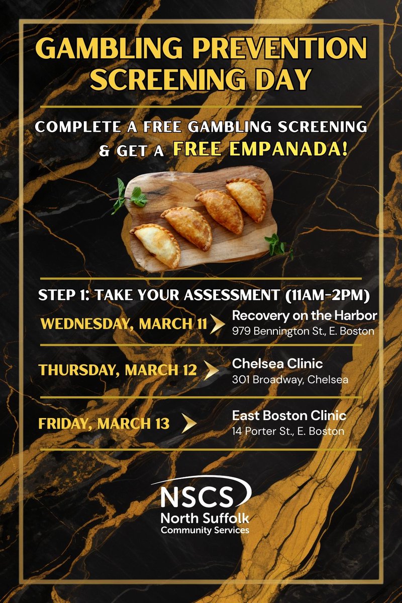 NorthSuffolkOrg's tweet photo. This week! Join NSCS for a free gambling screening and get an empanada!* Three dates to choose from! #ProblemGamblingAwarenessMonth #BetOnYourself 🥟😋 https://t.co/T3ft9TBdvE