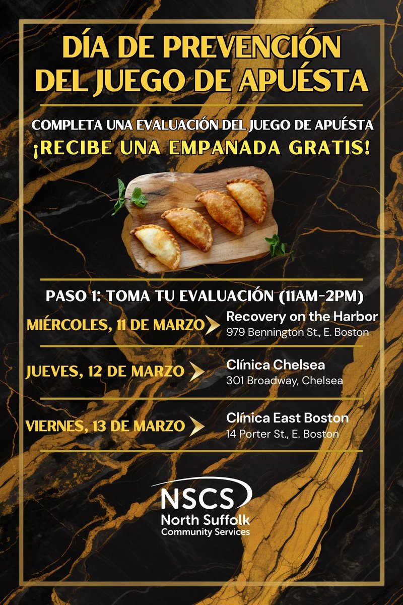 NorthSuffolkOrg's tweet photo. This week! Join NSCS for a free gambling screening and get an empanada!* Three dates to choose from! #ProblemGamblingAwarenessMonth #BetOnYourself 🥟😋 https://t.co/T3ft9TBdvE