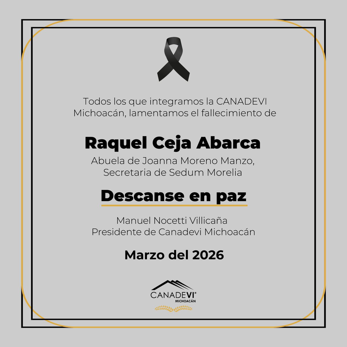 CanadeviM's tweet photo. Nos sumamos a las condolencias para la Secretaria de Desarrollo Urbano de Morelia, @joannamoreno, por la pérdida de su abuela, Raquel Ceja. En paz descanse. https://t.co/Gy3Rsv0EDg