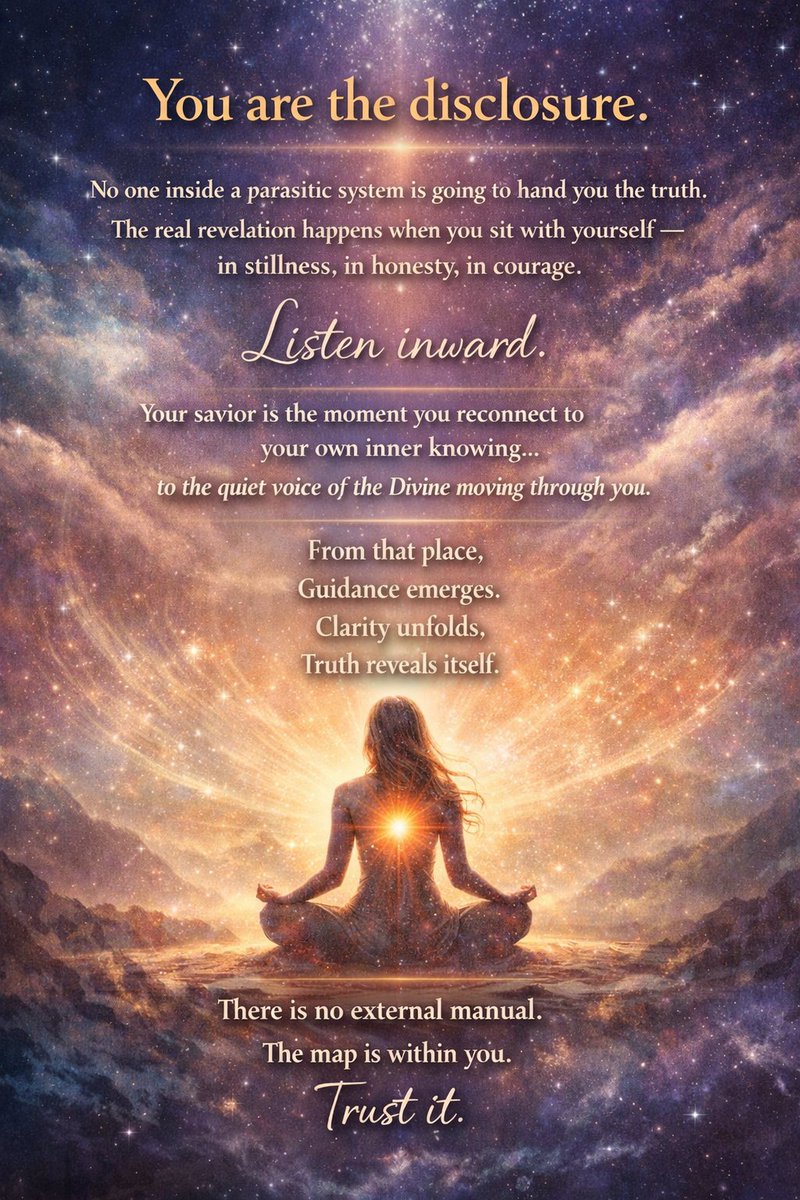 CognizantBeing's tweet photo. No one inside a parasitic system will hand you the truth.
Systems built on control cannot reveal what would free you.
Truth begins where conditioning ends.
#YouAreTheDisclosure
#InnerKnowing
#Sovereignty
#ConsciousAwareness
#TruthWithin
#AwakenedMind
#SelfRealization
#ConsciousCreation
#InnerWork
#SpiritualAwakening
#HigherConsciousness
#KnowThyself
#DivineConnection
#SoulAwakening